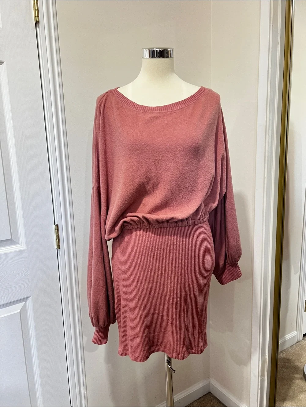 Free People Beach Off Shoulder Balloon Sleeve Mini Dress Size Large Blush Pink